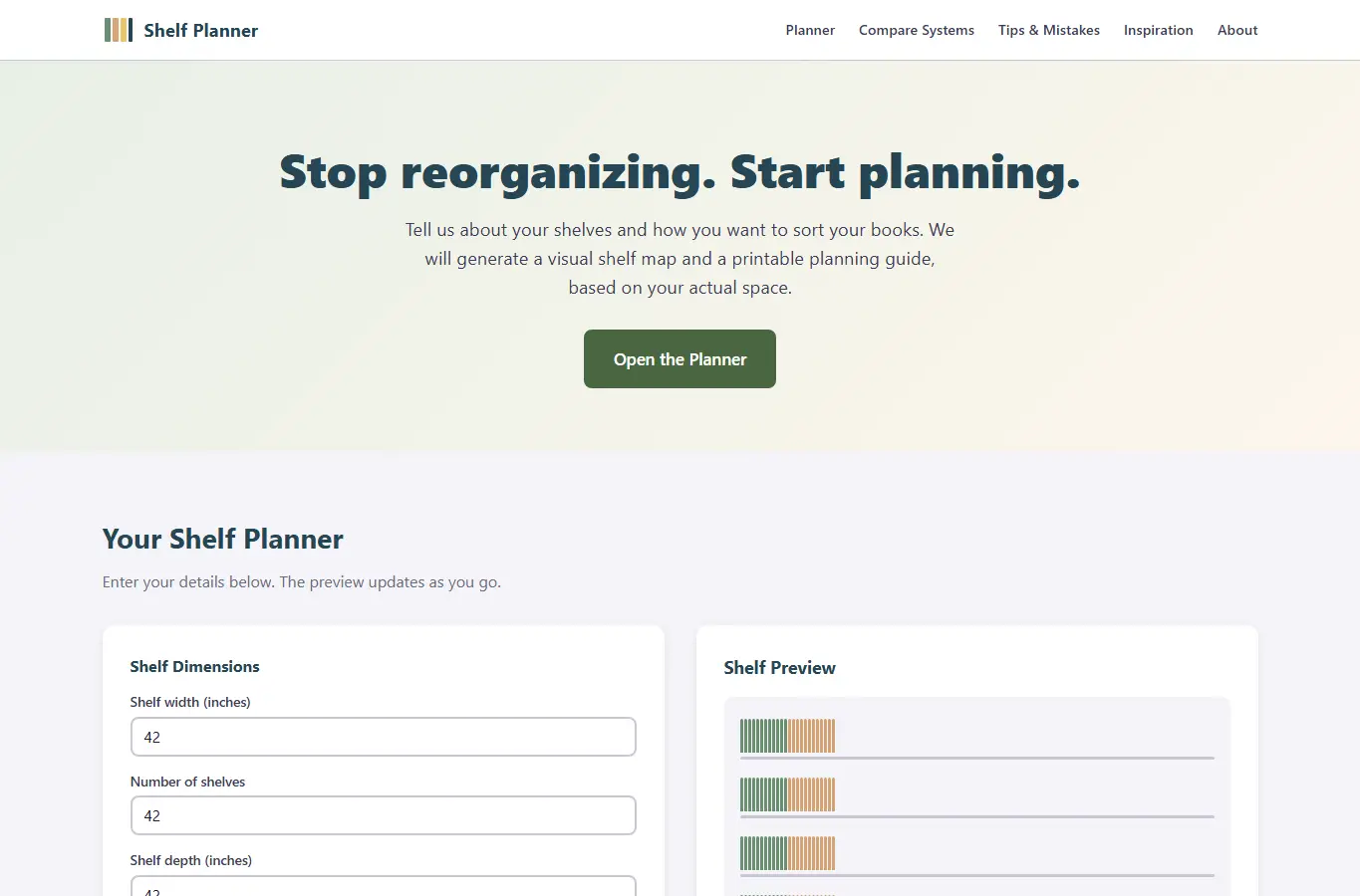 Screenshot of Home Library Shelf Organization Planner interface showing the project page in use